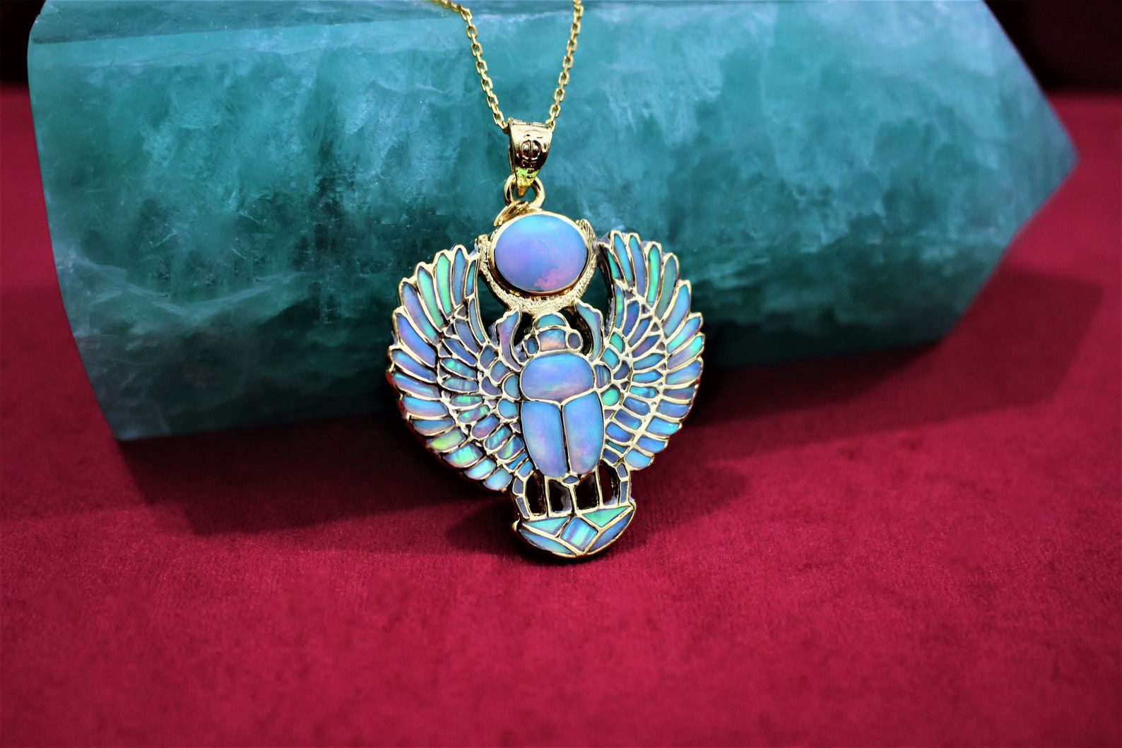 JeenaLaVie. Gold Opal Winged Scarab Necklace