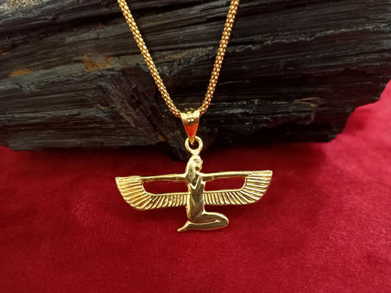 Picture of Egyptian Real Gold Goddess Winged Isis Necklace, Real Gold Isis Pendant, Kneeling Isis Egyptian Necklace, Goddess Gold Isis Jewelry