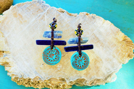 Picture of Blue Kyanite,Solid Silver, Lapis Lazuli, Vintage Glass Bead,ArtesaniaLosMolinos Designed Healing Earrings, Tribal Earrings, Protective Stone