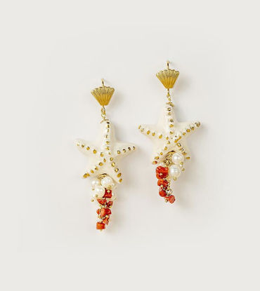 Picture of White starfish earrings with gold, coral and pearls
