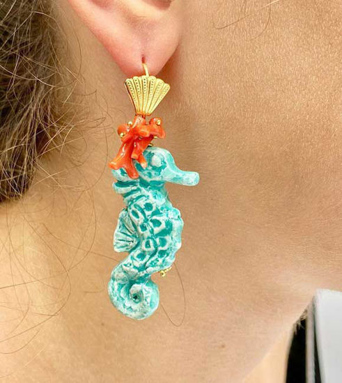 Picture of Ceramic Seahorse earrings with red natural coral