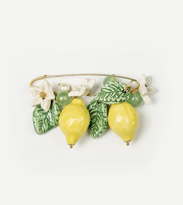 Picture of Gold plated brooch with ceramic lemon, leafs and natural stones.