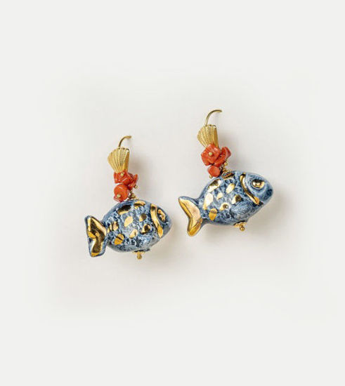 Picture of Blue fish earrings with gold and coral