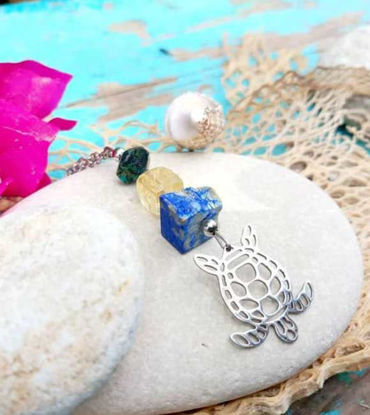 Picture of Healing Artesan Necklace, Turquoise, Raw Lapis, Citrine Necklace, Turtle Silver Stainless necklace, Tortoise Tribal Silver necklace, Healing