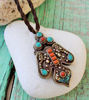 Picture of Protective Gemstones Handmade Turquoise Coral Inlayed White Bras and Handwoven Wax Cord Necklace, Tribal Necklace.