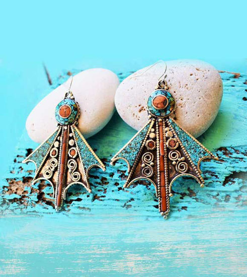 Picture of Tribal Princess, Solid Silver Hooks, Protective Gemstones, Turquoise Coral Inlayed Handmade White Brass Earrings