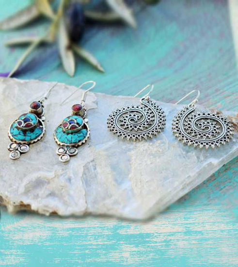 Picture of 2 PAIRS of Silver Coral Lapis Turquoise Earrings and Long filigree earrings inspired by ancient jhumka jewellery, jhumka earrings, boho