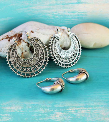 Picture of 2 Pairs of Silver Tribal Earrings - Spiral Gypsy and Filigree Boho Jewelry