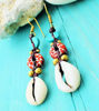 Picture of Tribal Vintage Rustic Glass, Cowrie Shell and Turquoise Amazing Design Solid Brass Beads Handmade Artesan Earrings
