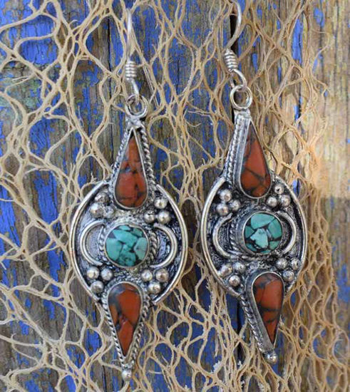 Picture of Tribal style Handmade White Brass Handmade Long Earrings Inspired by Tribal Jewelery Navajo Style Earrings Inlaid with Gemstones