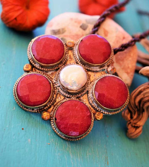 Picture of Vintage Antique Red Jade and Pearl Handwoven Brown Cord Healing Root Chakra Necklace