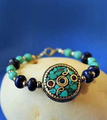 Picture of Unique, Handmade ,Turquoise, Lapis Lazuli, Stainless steel, Ethnic Bracelet, Ancient style, Boho, Retro Style