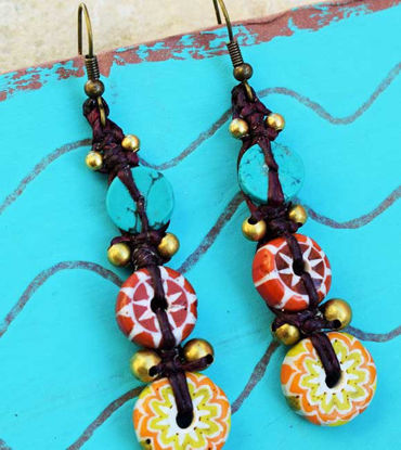 Picture of Tribal Long Vintage Rustic Glass Amazing Design Solid Brass Beads Handmade Artesan Earrings
