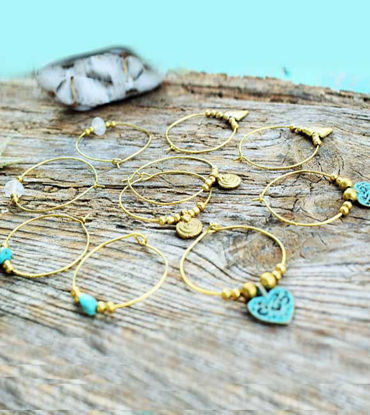 Picture of FIVE PAIRS of Solid Brass Elegant Hoop Turquoise and Quartz Charm Earrings, Healing Earrings, Tribal Earrings
