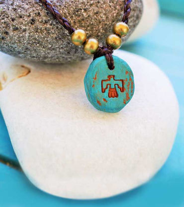 Picture of Sacred Eagle⇻ Ceramic Handmade Pendant Waxed Cord Solid Brass Beads Native American Tribal Adjustable Unisex Necklace