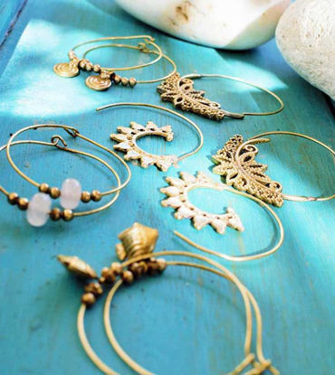 Picture of FIVE PAIRS of Solid Brass Elegant Hoop Quartz Charm Earrings,Brass Mandala Earrings, Lotus Earrings,Healing Earrings, Tribal Earring