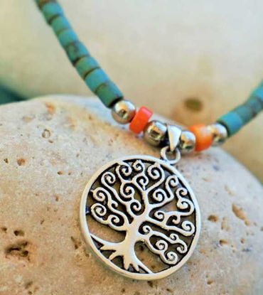 Picture of Solid Silver Handcrafted Tree of life Heishi Gemstone Turquoise Beads Stainless Steel Lobster Necklace, Solid Silver Heishi Necklace