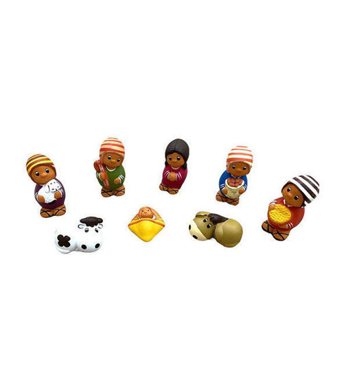 A collection of 8 handmade terracotta figurines depicting the Nativity scene, showcasing vibrant colors and intricate details.