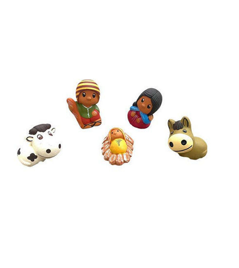Handmade terracotta nativity set featuring 5 unique figurines of the Holy Family and animals, showcasing Peruvian folk art.