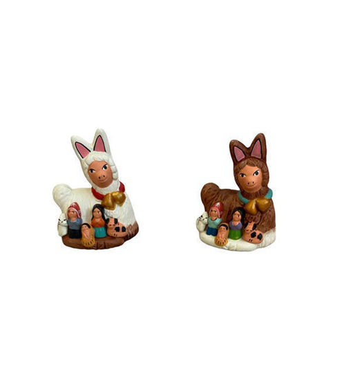 Ethnic nativity scene featuring two terracotta figurines: a llama and a rabbit, showcasing Peruvian artisan craftsmanship.