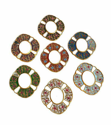 A collection of six colorful handmade mirrors featuring various floral designs, showcasing unique craftsmanship and style.
