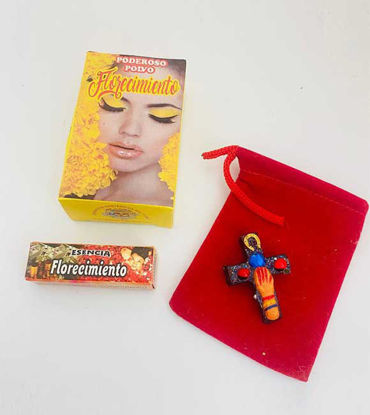 Traditional Andean ritual set with fragrant oil, herbal bath, and lucky amulet for energy cleansing and positive intention.