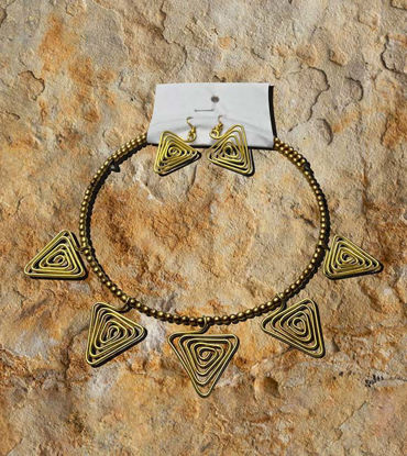 Picture of Triangled Metal Necklace and Earring Set Indian Handmade Metal Traditional Jewelries Artistic Metal Ornaments - Dhokra Jewelry