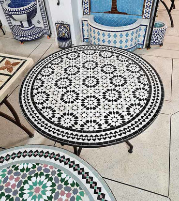Picture of Black & White Kitchen Dining Handmade Decor Table - Outdoor Indoor - CUSTOM Mid Century Table- Farmhouse Handmade Mosaic Artwork
