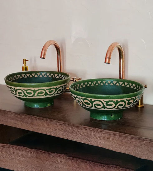 Picture of Bathroom Vanity 14" Double Sink - Hand Painted Black Ceramic Engraved Natural Emerald Green Basin - Mid Century Modern Bathroom Decor