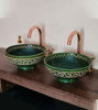 Picture of Bathroom Vanity 14" Double Sink - Hand Painted Black Ceramic Engraved Natural Emerald Green Basin - Mid Century Modern Bathroom Decor
