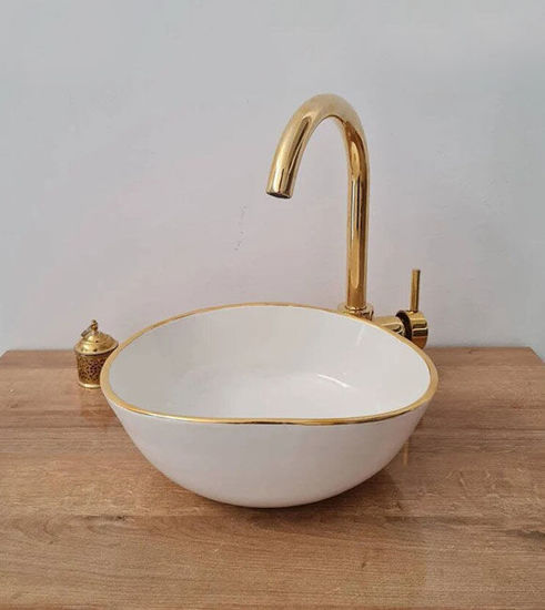 Picture of 14 Karat Gold Luxury Oval Bathroom Sink – Handmade Moroccan Vessel Sink 10"x12" Custom Ceramic Wash Basin
