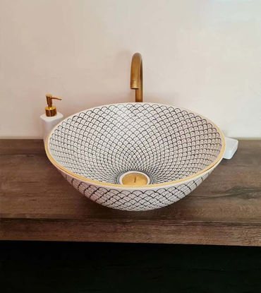 Picture of 14 Karat Gold & Ceramic Bathroom Vessel - CUSTOMIZABLE 14k Gold Rim Bathroom Sink - Countertop Handmade Basin - Fish Scales Design