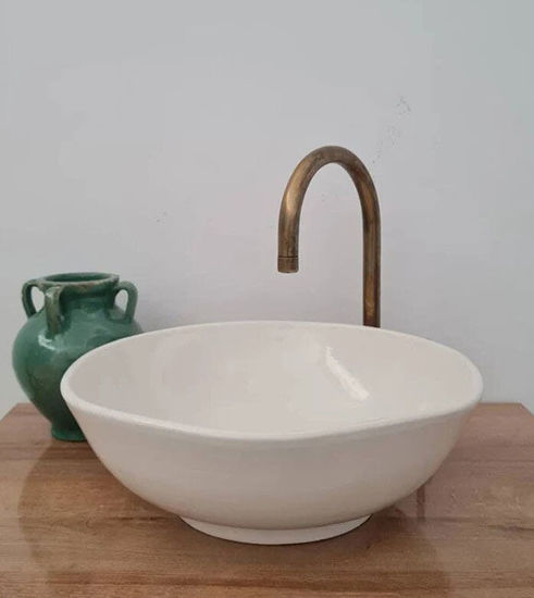 Picture of Asymmetrical Bathroom Vessel Sink - Bathroom WashBasin - Countertop Basin - Mid Century Modern Bowl Sink Lavatory - Solid Brass Drain Cap