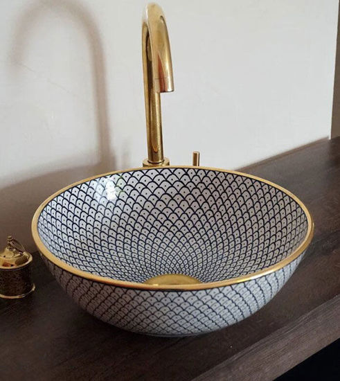 Picture of 14 Karat Gold & Dark Blue Washbasin Ceramic Bathroom Vessel - CUSTOMIZABLE 14k Gold Rim Bathroom Sink - Guest's Room Vanity Vessel Sink