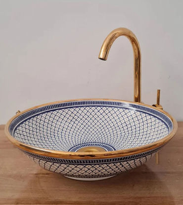 Picture of 14 Karat Gold & Fez Blue Washbasin Ceramic Bathroom Vessel - CUSTOMIZABLE 14k Gold Rim Bathroom Sink - Guest's Room Vanity Vessel Sink