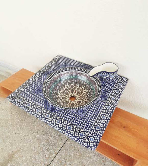 Picture of Customizable Ceramic & Mosaic Wall-Mounted Console Sink – Handmade Antique Washbasin in Mid-Century Style