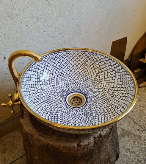 Picture of CUSTOMIZABLE Brushed Brass Rim Bathroom Sink - Brass & Ceramic Bathroom Vessel - Provide Us With Color And Brass Finish - Handmade Basin
