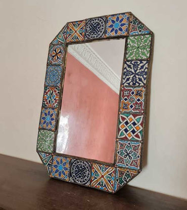 Picture of Ceramic Tiled Mirror Brass Frame with Ethnic Tiles Mirrors Wall Mirror Metal Framed Mirror Mosaic Tile Square Wall Art Rustic Decor