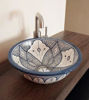 Picture of Blue & White Bathroom WashBasin - Bathroom Vessel Sink - Countertop Basin - Mediterranean Bowl Sink Lavatory - Solid Brass Drain Cap Gift