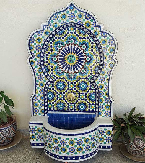 Picture of Customizable Moroccan Mosaic Wall Water Fountain – Handmade Mid-Century Outdoor Decor