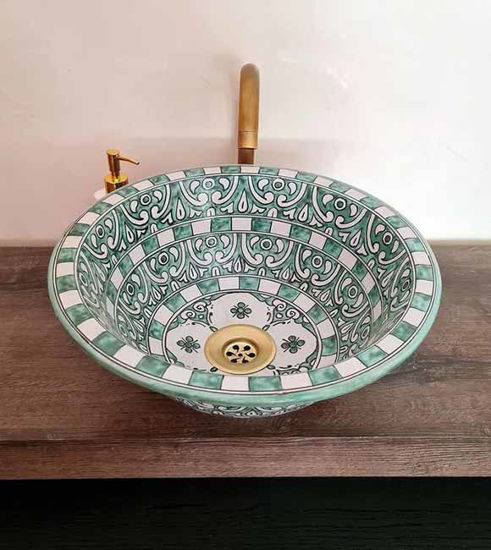 Picture of CUSTOMIZABLE Ceramic Vessel / Drop In Sink, Bathroom Ceramic Sink Bowl, Handmade Ceramic Basin, Teal Green & white sink, Bathroom Remodeling