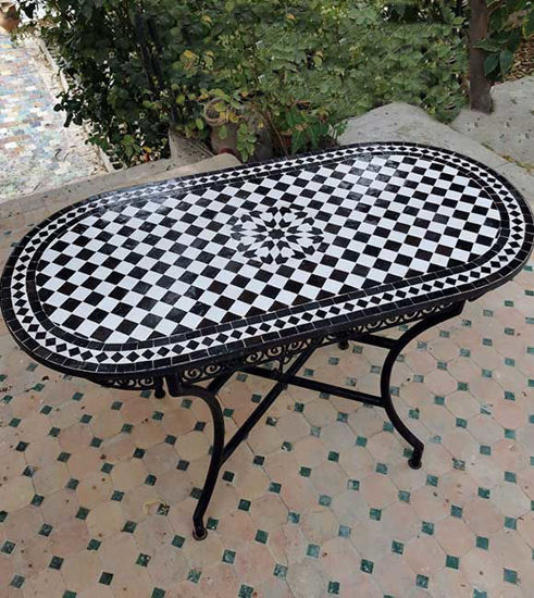Picture of CUSTOMIZABLE Oval Mosaic Table - Crafts Mosaic Table - Black and White Mid Century Zellije Table - Dinin Table For Outdoor & Indoor - GIFT
