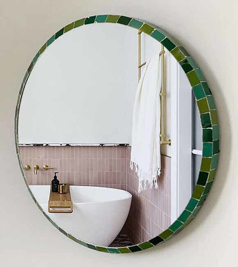 Picture of CUSTOMIZABLE Zellige Tiles Mirror, Emeraled Green 30mm Tiles - Natural 3 Shades Of Green Zellige Mosaic Tiles - Round Bathroom Wall Mirror