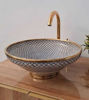 Picture of Farmhouse London Basin - Fez Blue Mid-Century Modern Vanity Sink - Brushed Solid Brass Rimed - Fish Scales Minimalist Design Sink + Gift