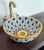 Picture of Mid-Century Modern Sunflower Hand-Painted Ceramic Bathroom Sink – Boho Vessel with Brass Drain Cap