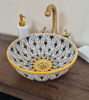 Picture of Mid-Century Modern Sunflower Hand-Painted Ceramic Bathroom Sink – Boho Vessel with Brass Drain Cap