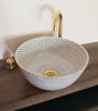 Picture of Mid Century Modern Bathroom Sink - Ceramic Washbasin - Genuine Golden Trim Boho Basin + Solid Brass Drain Cap & Brass Candle Holder GIFT