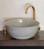 Picture of Mid Century Modern Bathroom Sink - Ceramic Washbasin - Genuine Golden Trim Boho Basin + Solid Brass Drain Cap & Brass Candle Holder GIFT