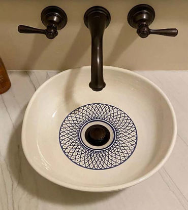 Picture of Boho Chic Hand-Painted Moroccan Ceramic Vessel Sink - Artisan Handmade Irregular Bowl Washbasin - Mid-Century Modern Bathroom Design