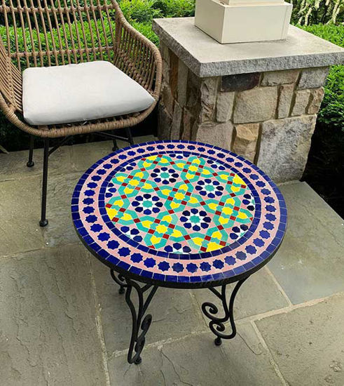 Purple & Blue Mosaic Outdoor Coffee Table beside a chair